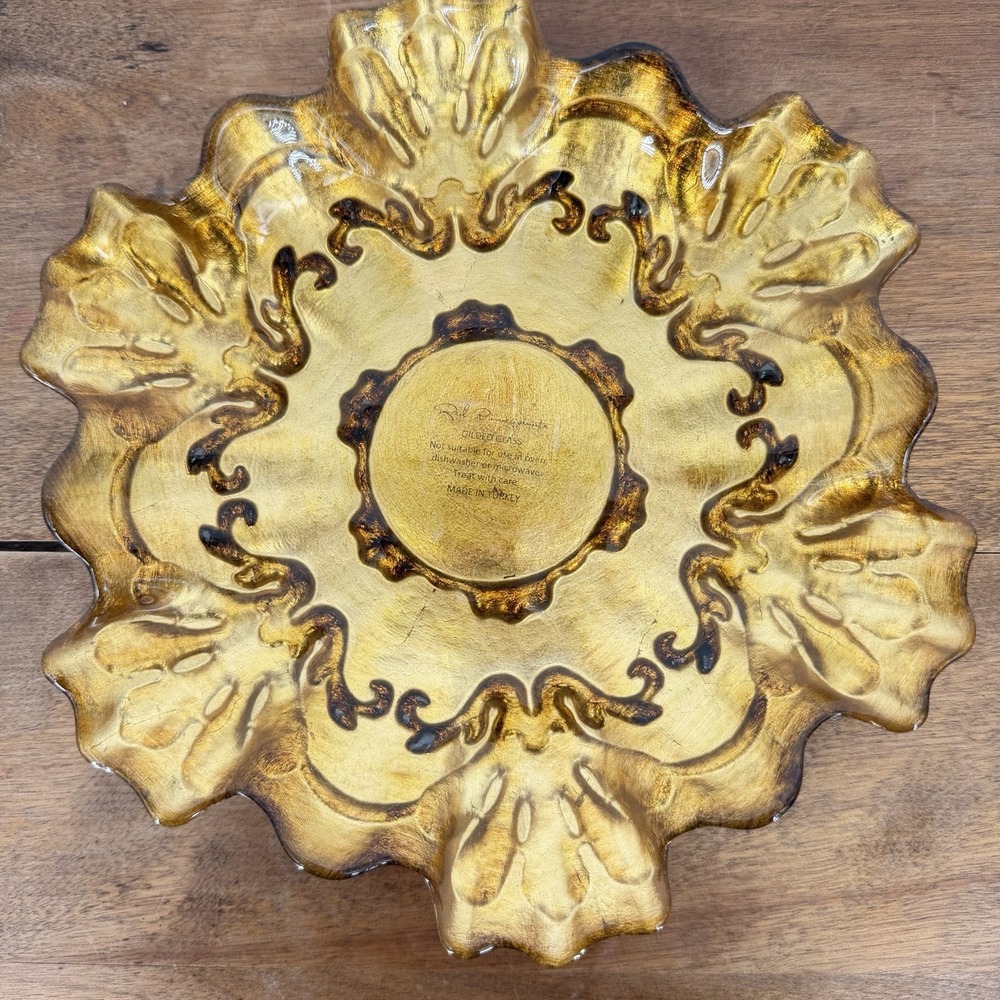 Red Pomegranate Gilded Glass‎ Centerpiece Bowl Handmade Turkey Gold Ruffled 9" - Picture 2 of 6